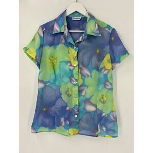 Augustus Vintage Blouse Womens 14 Green Blue Floral Hippie Sheer Button Front